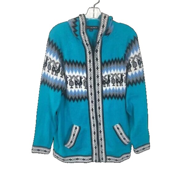 Womens Size Large Inti Alpaca Electric Blue Wool Knit Hooded Full Zip Jacket - Picture 1 of 3